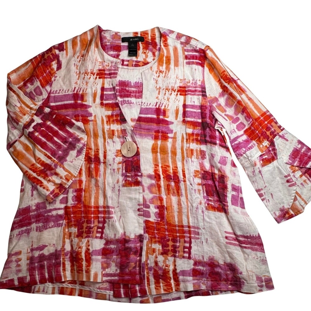 Ali Miles Pink Orange Abstract Linen Button Front Bell Tulip Sleeve Jacket L